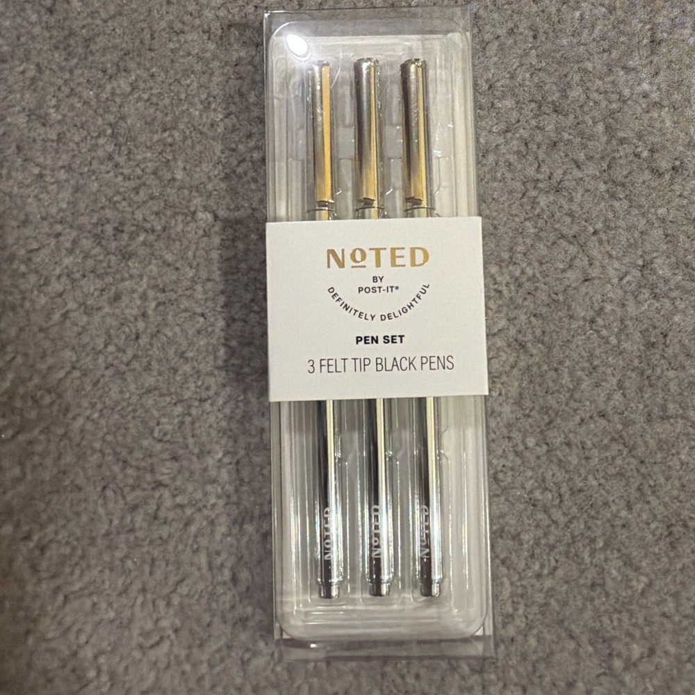 Noted By Post-it 3 Black Felt Tip Pens W/Metallic Silver Barrel
